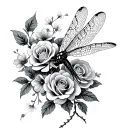 gothic style small dragonfly perched roses and cherry blossoms  tattoo design idea