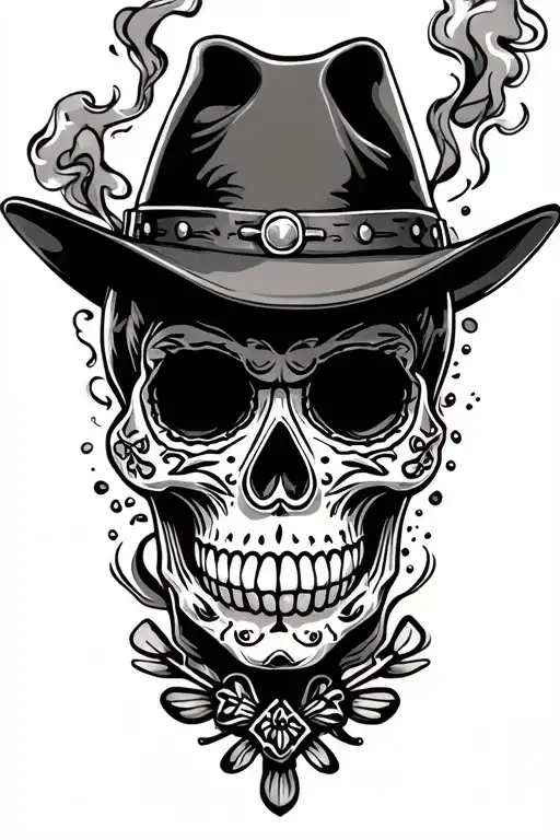 outlaw sugar skull wearing cowboy hat with smoke in the background  tattoo design idea