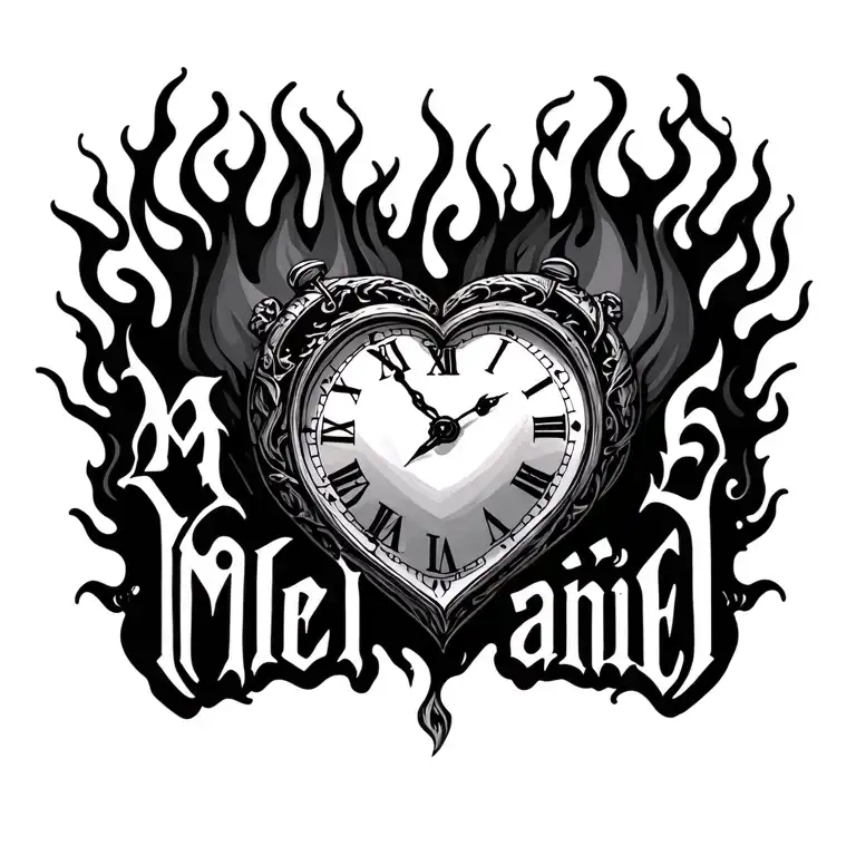 "Mélanie" clock heart in flame tattoo design idea