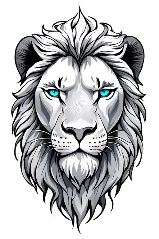 white lion head with blue eyes with a sunrise integrated tattoo design idea