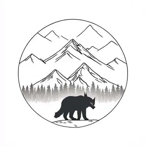 a real Wolverine animal overlooking mountain and forest tattoo design idea