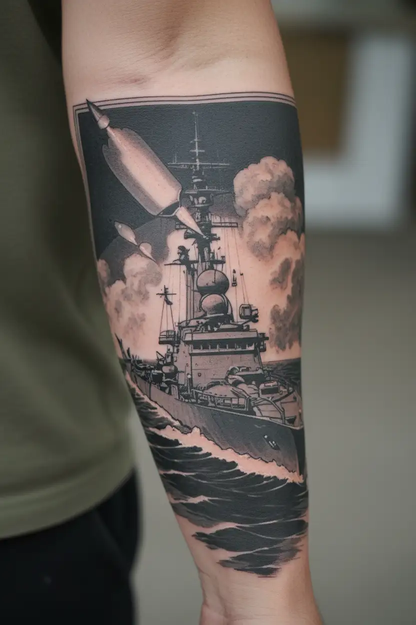 Navy destroyer launching missile tattoo design idea
