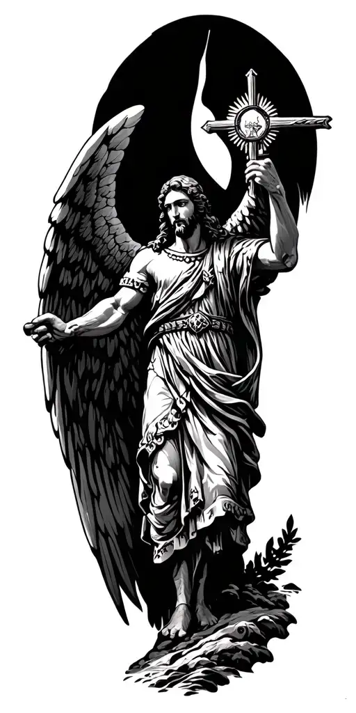 catholic saint Michael, mountains with river and atronomy with gaming tattoo design idea