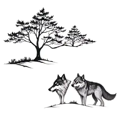cedar tree with 2 wolfs body tattoo design idea