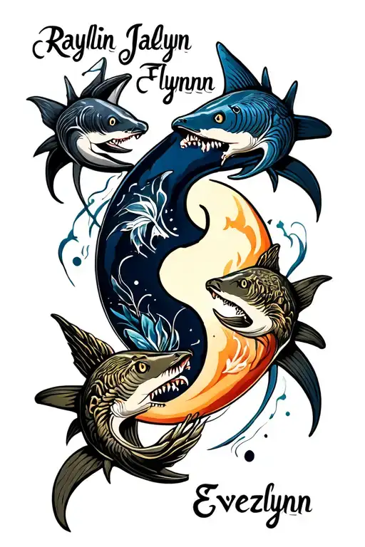 "Raylin Jaelyn Flynn Evelyn" 4 Sharks forming Yin and yang tattoo design idea