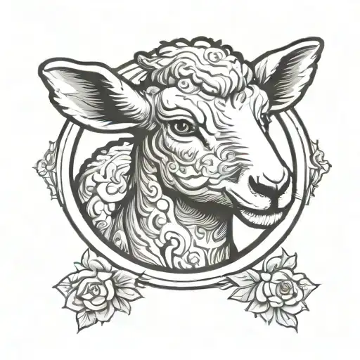 young lamb in oval frame, three quarter view, black color tattoo design idea