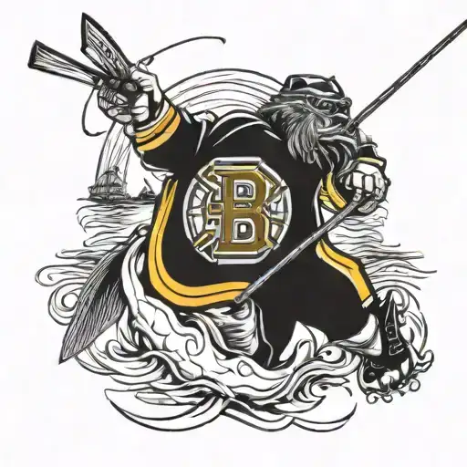 Boston bruins and fishing scene tattoo design idea