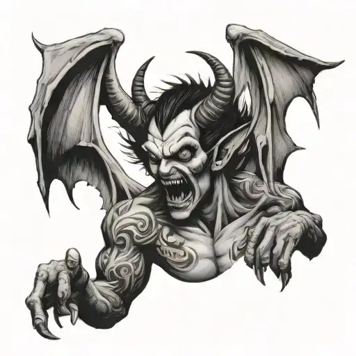 demon with wings spread wide with demale demon whispering in his ear tattoo design idea