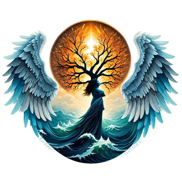 angel wings with silouete, tree of life and abstract wave  tattoo design idea