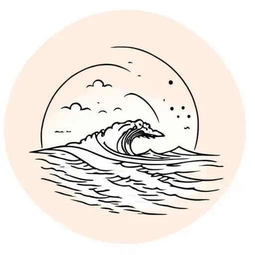 beach surfing and waves crashing tattoo design idea