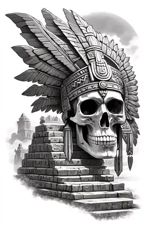 Aztec skull and temple surrounded tattoo design idea