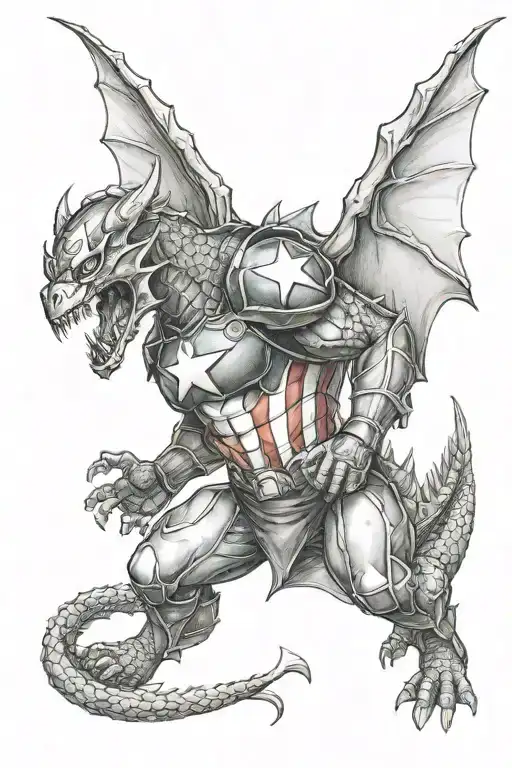 armor sleeve dragon holding captain America shield in mouth  tattoo design idea