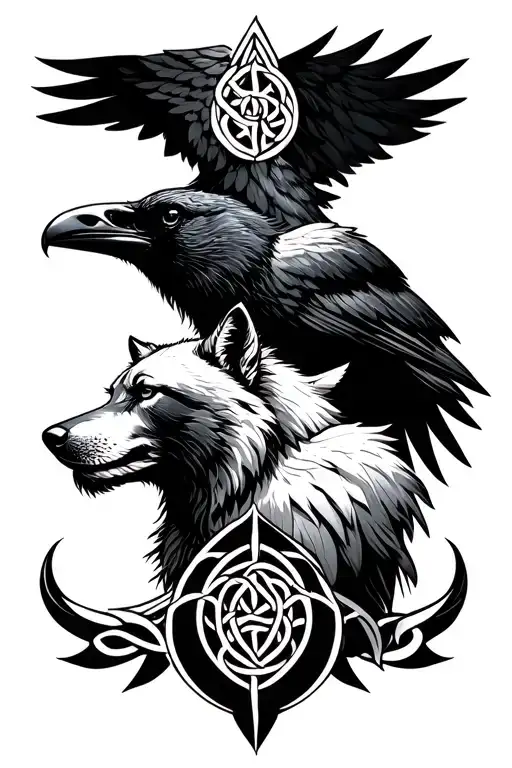Celtic pagan symbols with a raven and wolf full shoulder to elbow  tattoo design idea