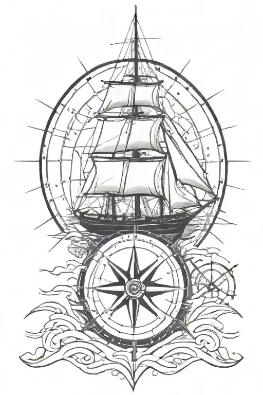 sailing ship navigating and compass rose surrounded tattoo design idea