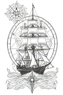 sailing ship navigating and compass rose surrounded tattoo design idea