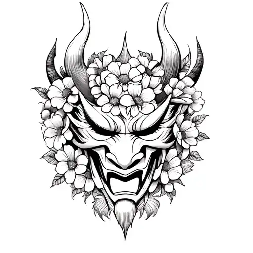 oni mask wrapped in flowers tattoo design idea