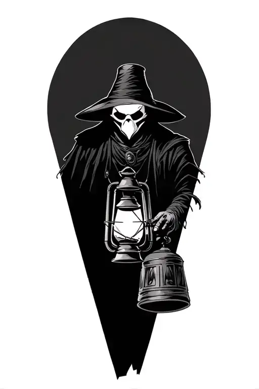 Plague doctor holding a lantern upper body only emphasis on face tattoo design idea