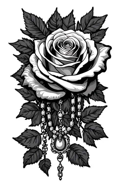 rose and rosary necklace tattoo design idea
