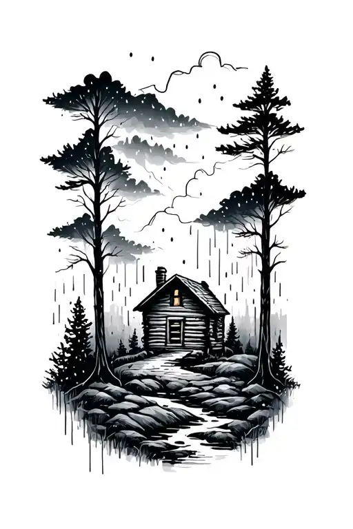 hygge painting of ladscape with thunderstorm and heavy rain with trees and woodcabin tattoo design idea