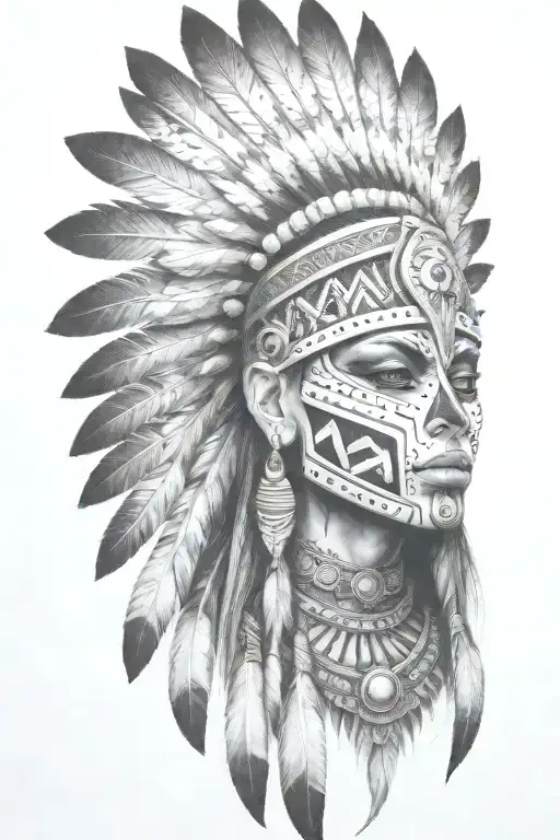 aztec warrior girl, skeletal fierce face, crown skull, geometric patterns feathers, spirituality, afterlife, death tattoo design idea