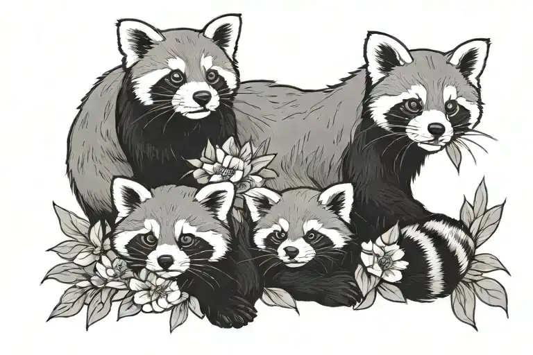 Mother red panda and 3 baby red panda in flower bed cartoonized tattoo design idea