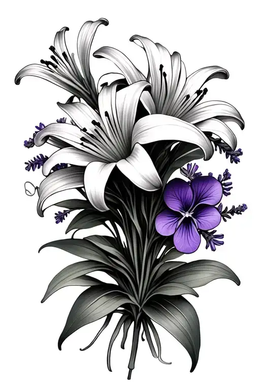 bouquet of lillies, lavender, and violets tattoo design idea