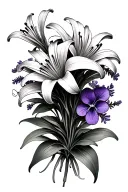 bouquet of lillies, lavender, and violets tattoo design idea