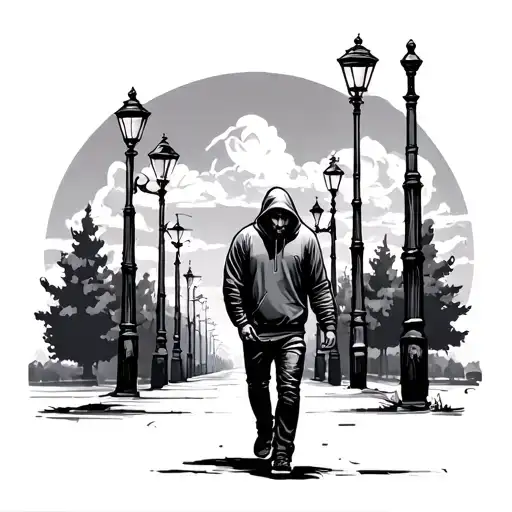 a man in a hoodie walks down the street, next to street lamp posts, tattoo graphic style, bw tattoo design idea