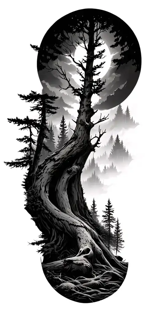 dark Erie forest scene tattoo design idea