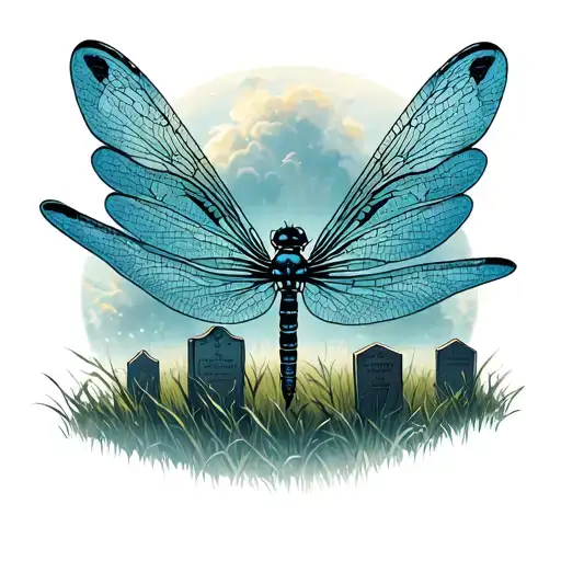 a mirage inside of a dragonfly wing, with 2 tombstones in a grass field inside the mirage tattoo design idea
