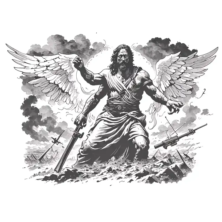 A tattoo design of a battlefield with a heavenly figure overseeing the chaos, representing the presence of God in times of war tattoo design idea
