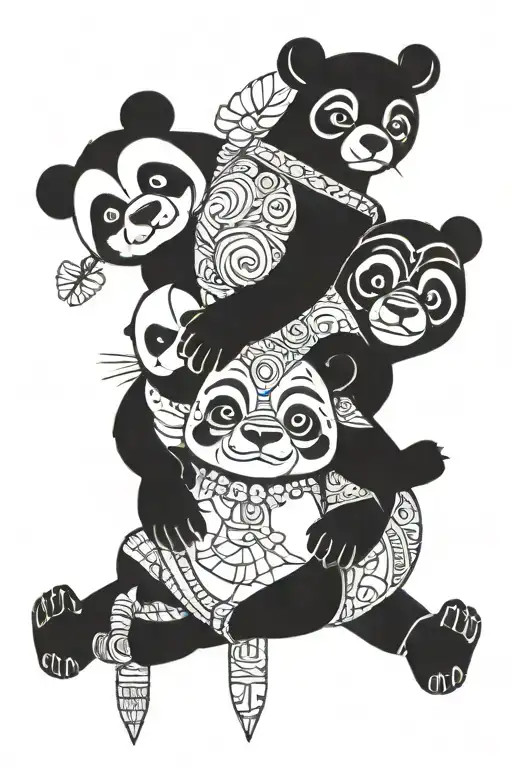 A totem pole featuring a jewel, panda, hippopotamus, and Stitch characters intertwined in a unique design tattoo design idea