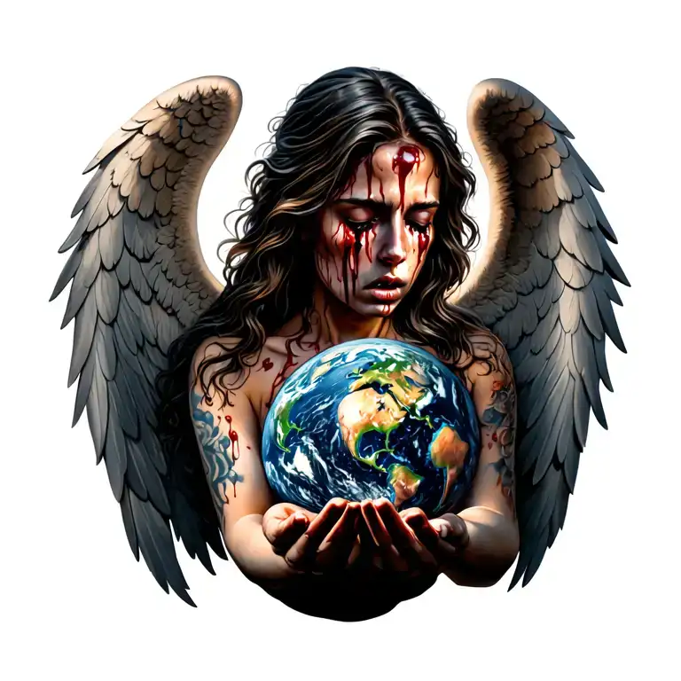 full back tattoo of angel crying blood while looking at earth in her hands.  tattoo design idea