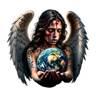 full back tattoo of angel crying blood while looking at earth in her hands.  tattoo design idea