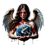 full back tattoo of angel crying blood while looking at earth in her hands.  tattoo design idea