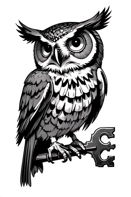 owl holding skeleton key with all seeing eye on the key teeth tattoo design idea
