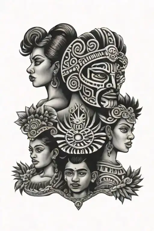 mexican, aztec, family, three children tattoo design idea
