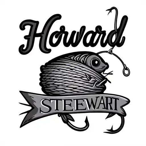 create a tattoo with the name Howard Stewart in cursive with a fishing line and hook coming off the name and Lure in it  tattoo design idea