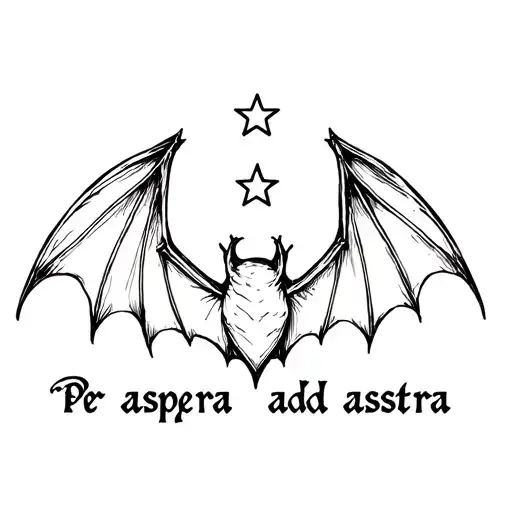 Fine line bat wings with 3 stars in the middle. Per aspera ad astra written underneath tattoo design idea