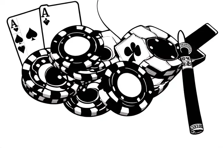 casino, poker, poker chips, roulette, blackjack, craps, dice, cigar, whiskey glass tattoo design idea