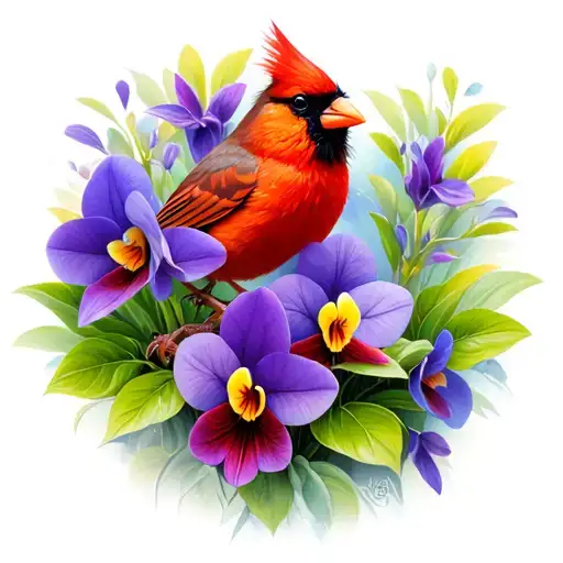 Cardinal perched on a bed of African violets one water tattoo design idea