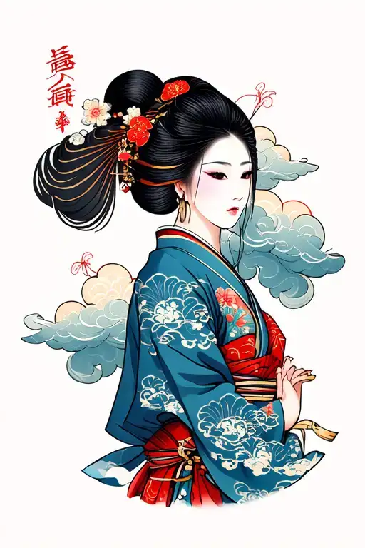 japanese clouds and kunoichi left forearm tattoo design idea