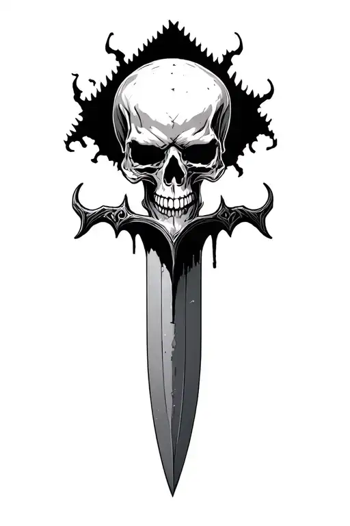 serrated blade, skull head, massacre, sejmitar, darkest dungeon tattoo design idea