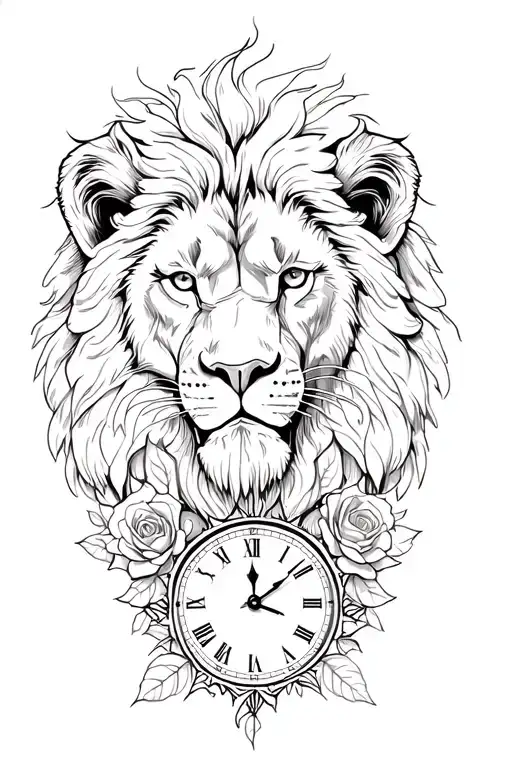 lion, roses, clock, map tattoo design idea