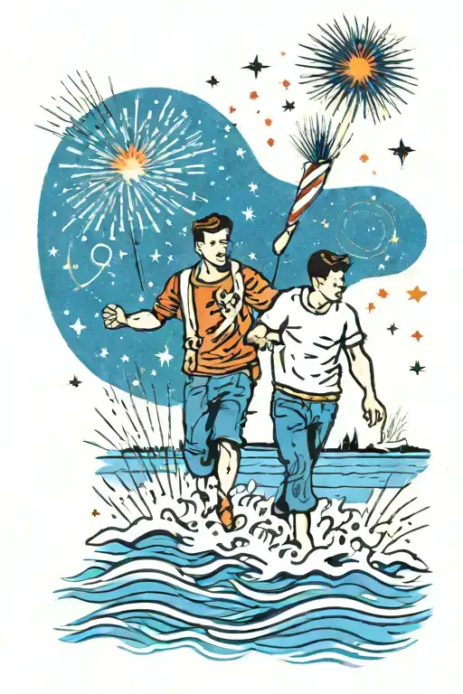 dad and son walking on water with fireworks in background tattoo design idea