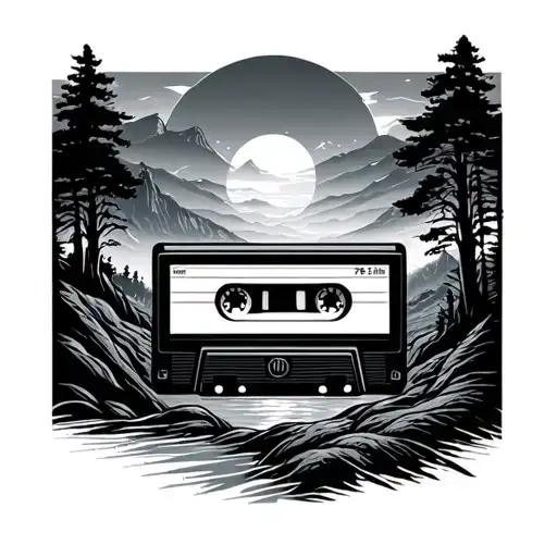 audio cassette travel landscape line tattoo design idea