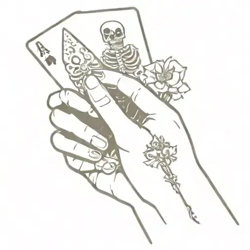 skeleton hand holding a hand of cards with each repdesenting a negative trait tattoo design idea