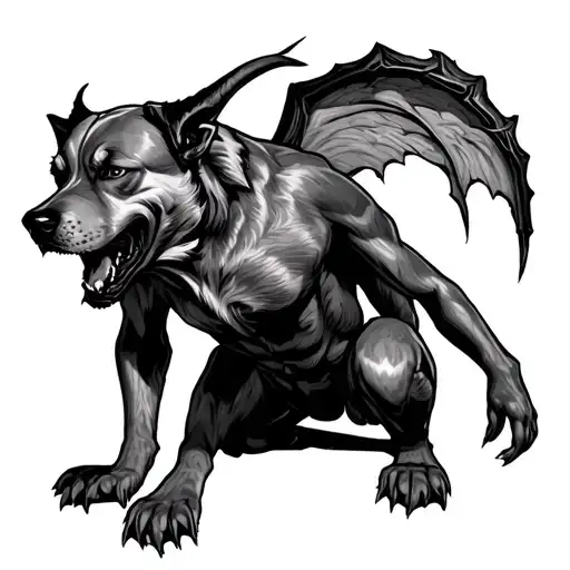 devil kneeling hell hound tattoo design idea