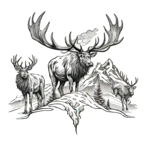 three reindeers and a mountain buzzard tattoo design idea