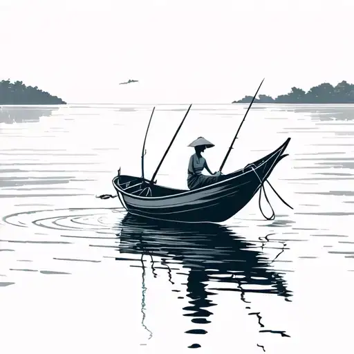 vietnamese fishing boat in the distance in calm water with a woman sitting in it with nothing in the background tattoo design idea